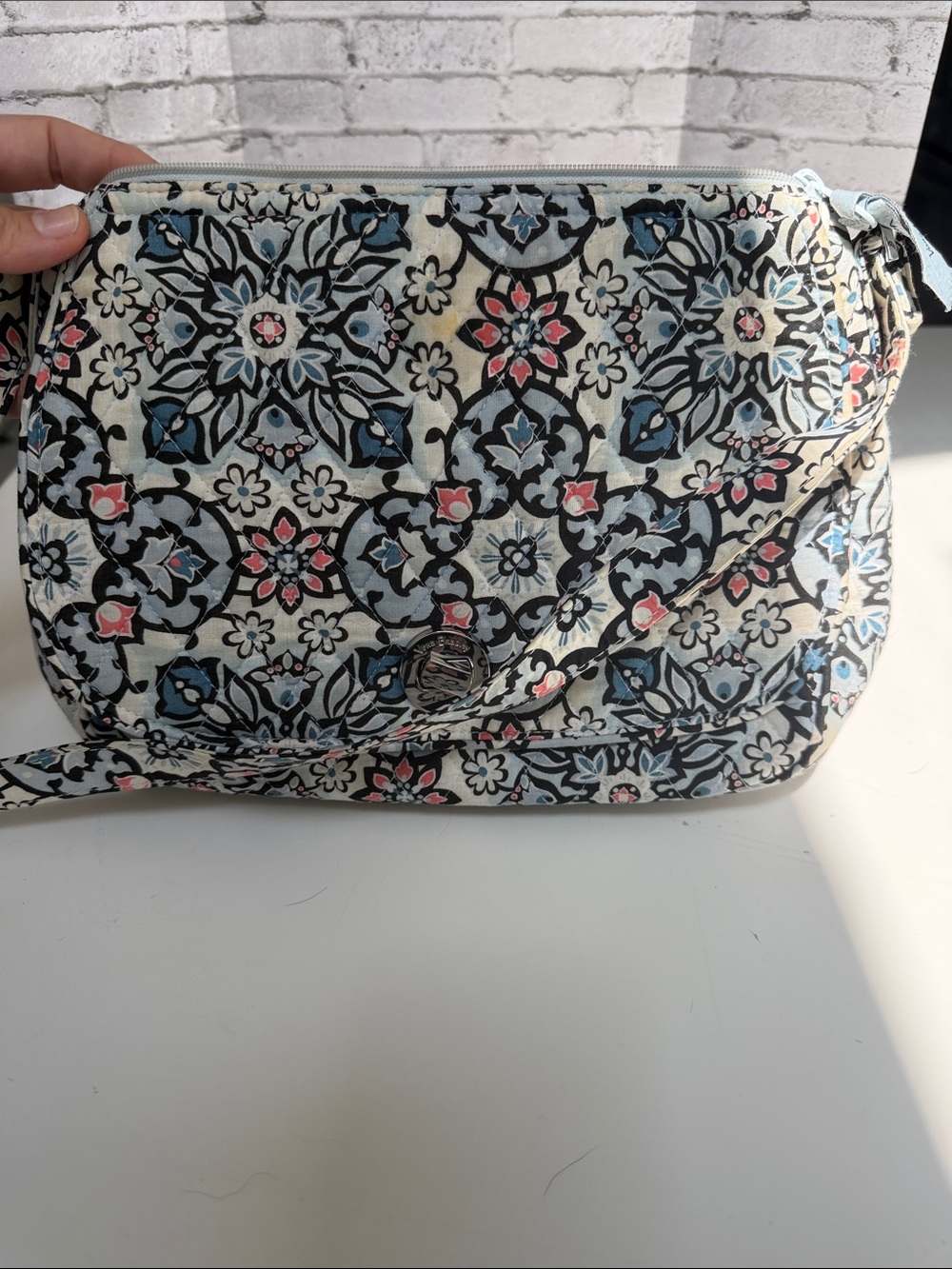 Vera Bradley Cream Crossbody with Blue & Pink Floral Tile Print